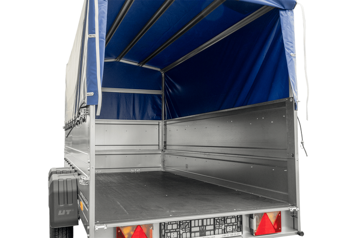 Rimorchio per auto a due assi UNITRAILER GARDEN TRAILER 264/2 KIPP CON RUOTA DI SOSTEGNO, FIANCHI BIS, TELAIO H-800 E COPERTURA BLU