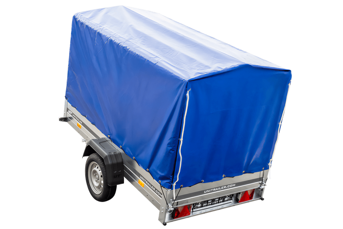 Rimorchio per auto 230x125 UNITRAILER GARDEN 230 KIPP con telaio H-1100 e copertura blu