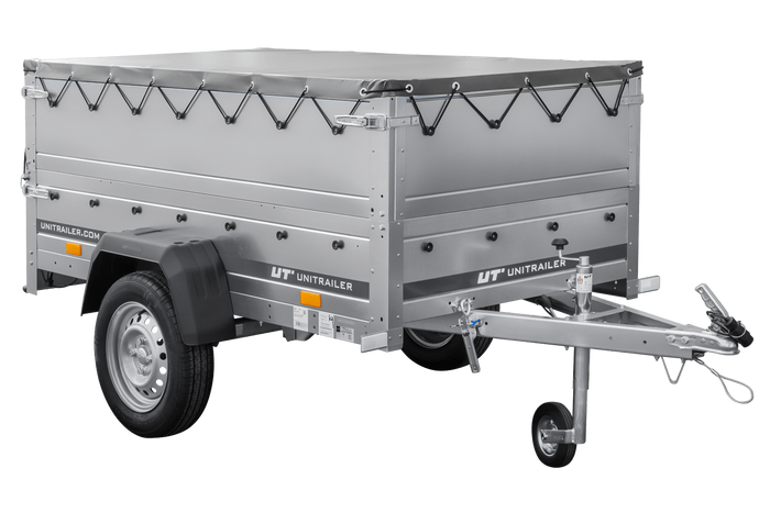 Rimorchio carrello leggero senza freni trasporto cose 750 kg Unitrailer Garden Trailer 200 kipp (new) con ruotino sovrasponde e telo grigio