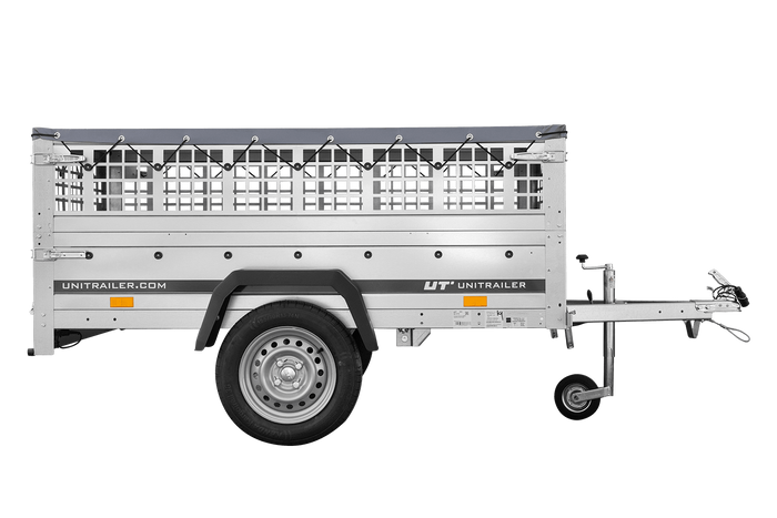 Rimorchio monoasse 200x106 UNITRAILER GARDEN 200 KIPP con sponde in rete e telone grigio