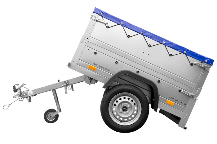 Rimorchio carrello leggero senza freni trasporto cose 750 kg Unitrailer Garden Trailer 150 kipp (new) con ruotino sovrasponde e telo blu