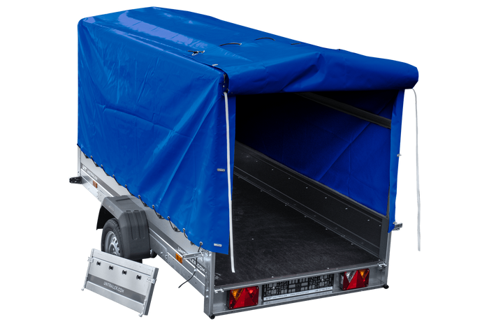 Rimorchio per auto 264x125 UNITRAILER GARDEN 264 KIPP con telaio H-1100 e copertura blu