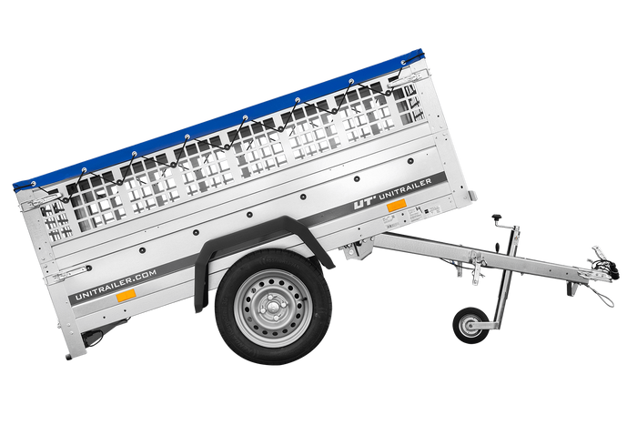 RIMORCHIO DA GIARDINO 200 KIPP CON RUOTA DI APPOGGIO, FIANCHI IN RETE, TELAIO H-0 E COPERTURA BLU