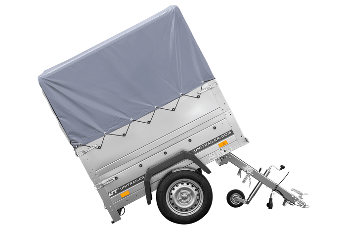 RIMORCHIO CARRELLO TRASPORTO COSE RIMORCHIO LEGGERO 750 KG UNITRAILER GARDEN TRAILER 150 KIPP CON SOVRASPONDE RUOTINO CENTINA E TELO GRIGIO
