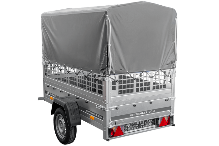 Rimorchio per auto 200x106 UNITRAILER GARDEN 200 KIPP con sponde in rete, telaio H-800 e copertura grigia