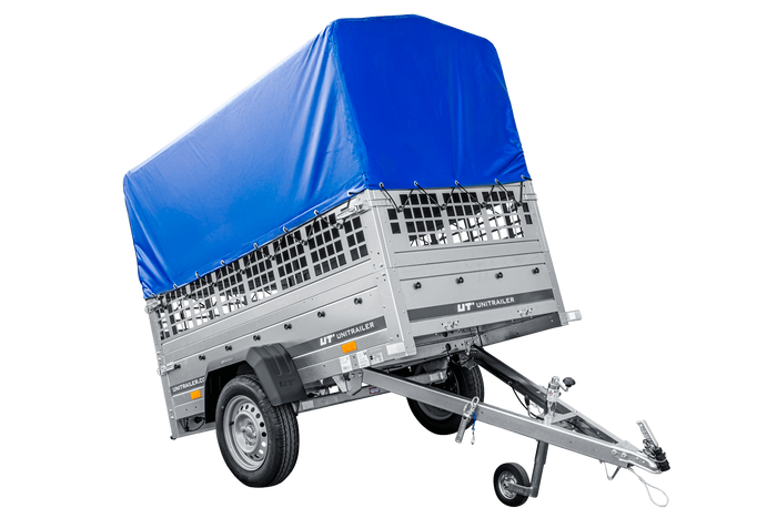 Rimorchio leggero 200x106 UNITRAILER GARDEN 200 KIPP con sponde in rete, telaio H-800 e telo di copertura blu