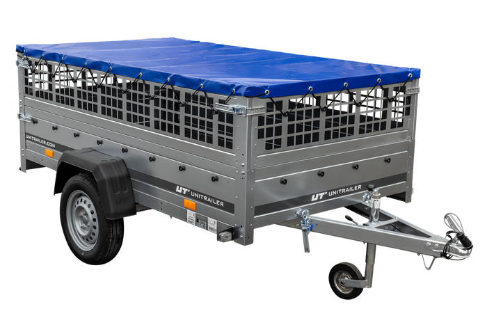 Rimorchio leggero 230x125 UNITRAILER GARDEN 230 KIPP con lati in rete, telaio H-0 e copertura blu