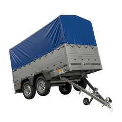 Rimorchio per auto a due assi UNITRAILER GARDEN TRAILER 264/2 KIPP CON RUOTA DI SOSTEGNO, FIANCHI BIS, TELAIO H-800 E COPERTURA BLU