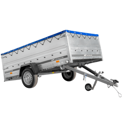 Rimorchio per auto su molle 264x150 UNITRAILER GARDEN 265/R KIPP con sponde BIS, telaio H-0 e copertura blu