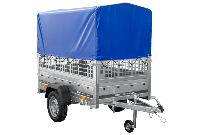 Rimorchio leggero 200x106 UNITRAILER GARDEN 200 KIPP con sponde in rete, telaio H-800 e telo di copertura blu