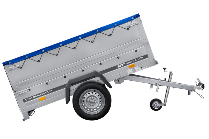 Rimorchio per auto 200x106 UNITRAILER GARDEN 200 KIPP con sponde BIS, telaio H-0 e copertura blu