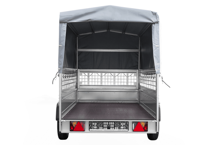 RIMORCHIO TRASPORTO COSE RIMORCHIO LEGGERO 750 KG UNITRAILER GARDEN TRAILER 264 KIPP CON SOVRASPONDE A RETE RUOTINO CENTINA E TELO GRIGIO