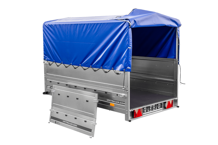 Rimorchio leggero 230x125 UNITRAILER GARDEN 230 KIPP con sponde BIS, telaio H-800 e telo di copertura blu