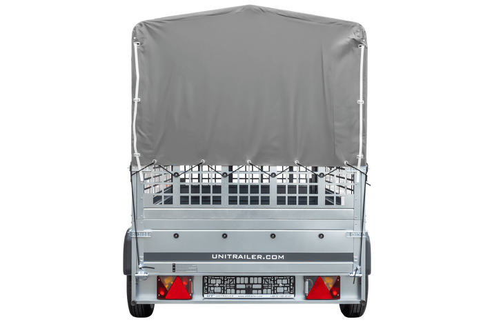 Rimorchio per auto 230x125 UNITRAILER GARDEN 230 KIPP con sponde in rete, telaio H-800 e copertura grigia