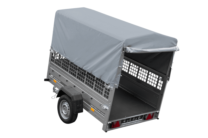 Rimorchio monoasse 200x125 UNITRAILER GARDEN 201 KIPP con sponde in rete, telaio H-800 e copertura grigia