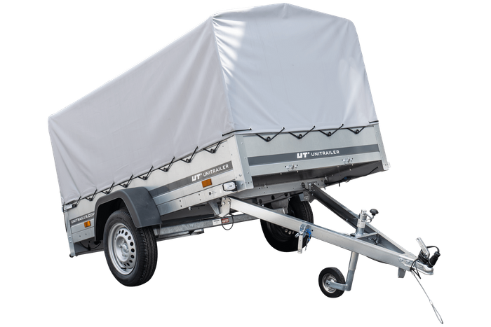 Rimorchio carrello leggero senza freni 230x125 con ruotino telone grigio e struttura PTT 750 kg Garden Trailer 230 kipp