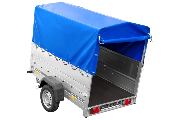 Rimorchio monoasse 200x125 UNITRAILER GARDEN 201 KIPP con sponde BIS, telaio H-800 e telo di copertura blu