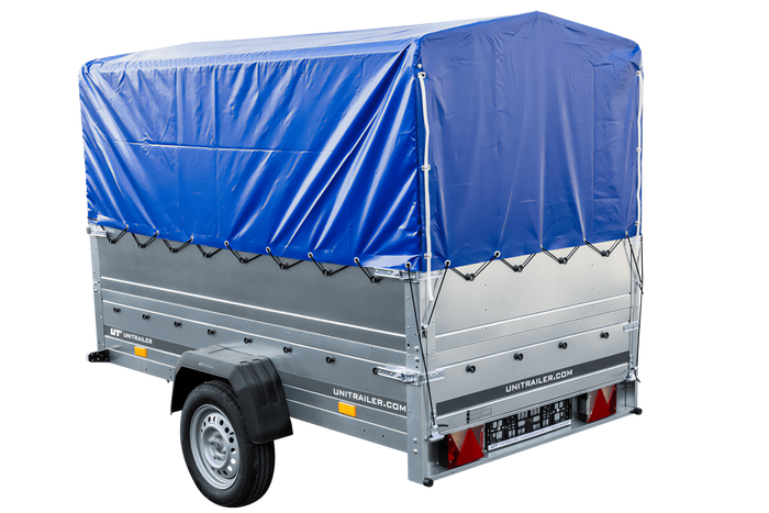 Rimorchio leggero 230x125 UNITRAILER GARDEN 230 KIPP con sponde BIS, telaio H-800 e telo di copertura blu