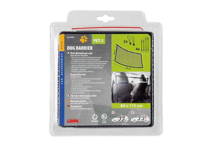Divisorio per cani LAMPA PET-2 barriera in rete fissata ai sedili anteriori 115x65cm