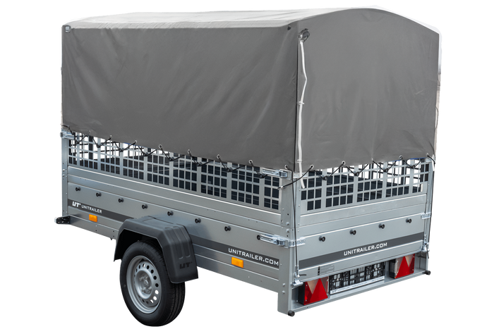 Rimorchio per auto 230x125 UNITRAILER GARDEN 230 KIPP con sponde in rete, telaio H-800 e copertura grigia