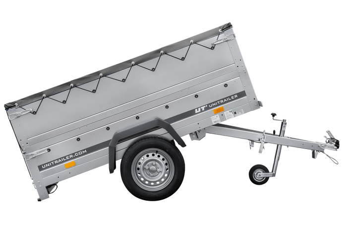 Rimorchio carrello leggero senza freni trasporto cose 750 kg Unitrailer Garden Trailer 200 kipp (new) con ruotino sovrasponde e telo grigio