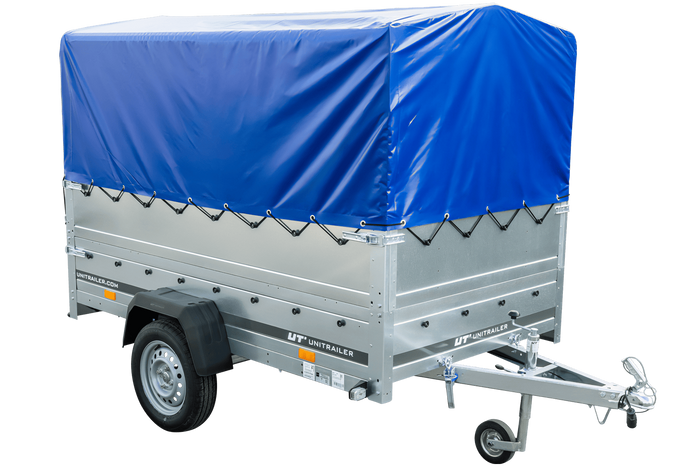 Rimorchio leggero 230x125 UNITRAILER GARDEN 230 KIPP con sponde BIS, telaio H-800 e telo di copertura blu