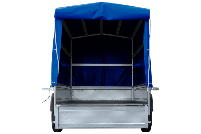 Rimorchio per auto 264x125 UNITRAILER GARDEN 264 KIPP con telaio H-1100 e copertura blu