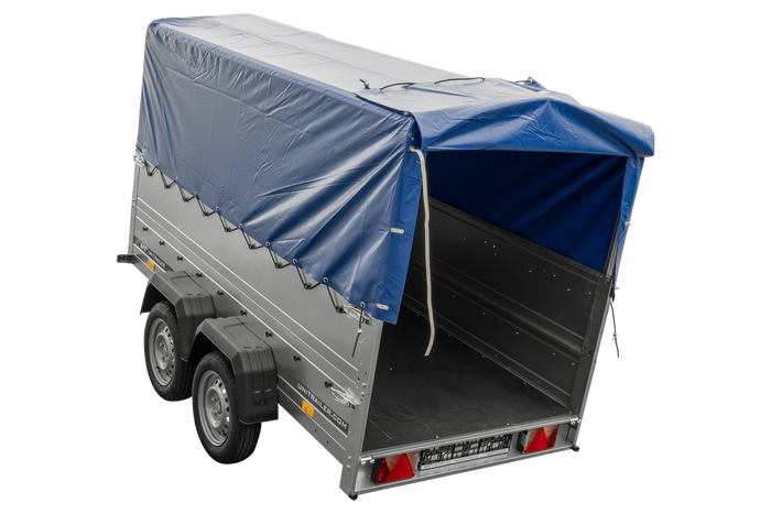 Rimorchio per auto a due assi UNITRAILER GARDEN TRAILER 264/2 KIPP CON RUOTA DI SOSTEGNO, FIANCHI BIS, TELAIO H-800 E COPERTURA BLU
