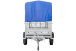 Rimorchio leggero 200x106 UNITRAILER GARDEN 200 KIPP con sponde in rete, telaio H-800 e telo di copertura blu