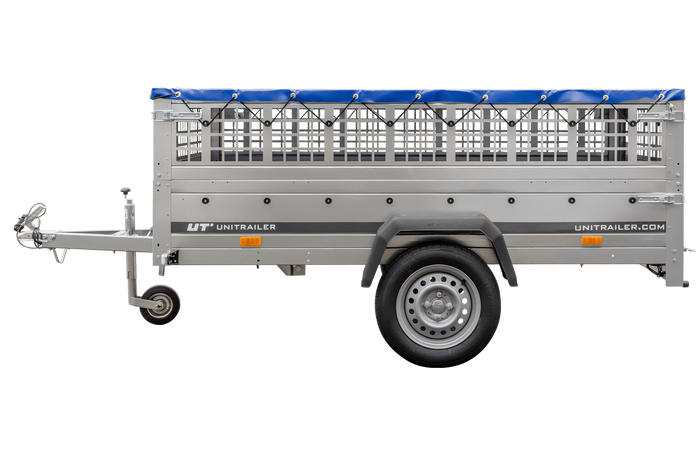 Rimorchio leggero 230x125 UNITRAILER GARDEN 230 KIPP con lati in rete, telaio H-0 e copertura blu