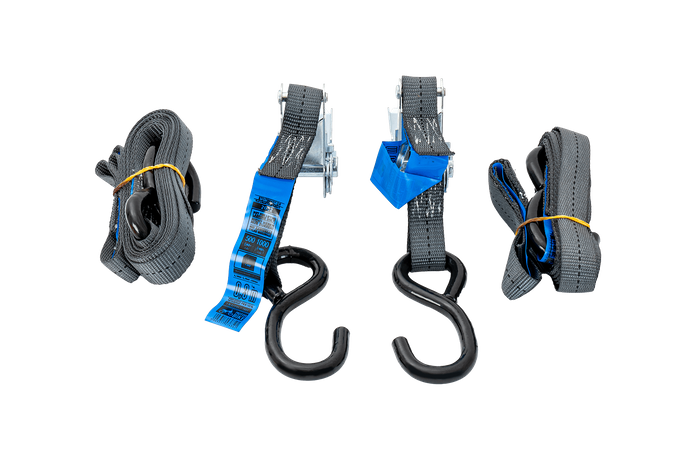 Set di due cinghie di trasporto HILLS da 3 m/25 mm/1 t con tenditore e due imbracature da 0,45 m per il fissaggio della motocicletta