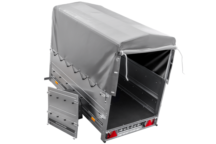 Rimorchio carrello trasporto cose rimorchio leggero 750 kg Unitrailer Garden Trailer 200 kipp con sovrasponde ruotino centina e telo grigio 
