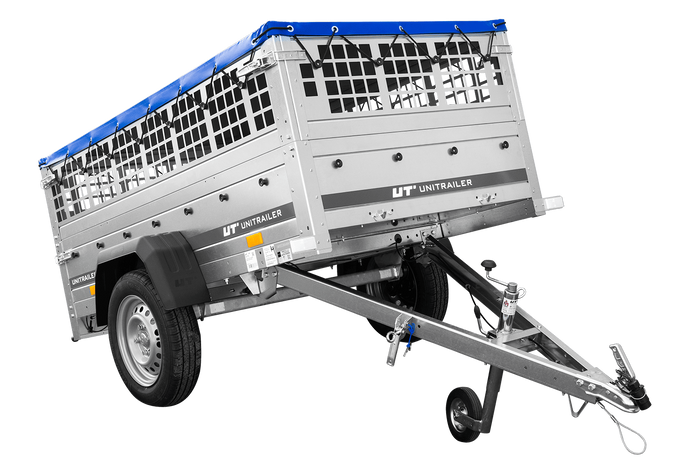 RIMORCHIO DA GIARDINO 200 KIPP CON RUOTA DI APPOGGIO, FIANCHI IN RETE, TELAIO H-0 E COPERTURA BLU