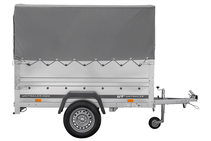 Rimorchio carrello trasporto cose rimorchio leggero 750 kg Unitrailer Garden Trailer 200 kipp con sovrasponde ruotino centina e telo grigio 