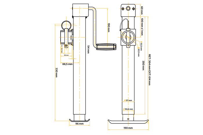 UNITRAILER TJ5001 supporto manovella estensibile per rimorchio a pianale da 1300 kg 364-614 mm