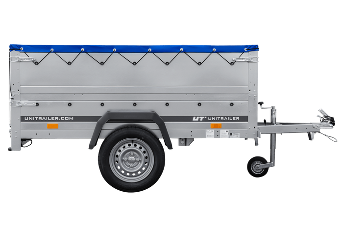 Rimorchio per auto 200x106 UNITRAILER GARDEN 200 KIPP con sponde BIS, telaio H-0 e copertura blu