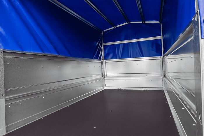 Rimorchio leggero 230x125 UNITRAILER GARDEN 230 KIPP con sponde BIS, telaio H-800 e telo di copertura blu