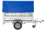 RIMORCHIO CARELLO TRASPORTO COSE RIMORCHIO LEGGERO 750 KG UNITRAILER GARDEN TRAILER 200 KIPP CON SOVRASPONDE A RETE RUOTINO CENTINA E TELO BLU