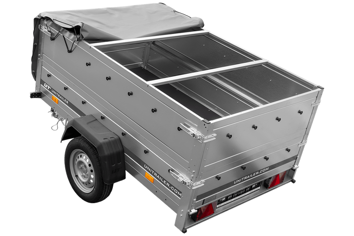 Rimorchio leggero 200x125 UNITRAILER GARDEN 201 KIPP con sponde BIS, telaio H-0 e telone grigio
