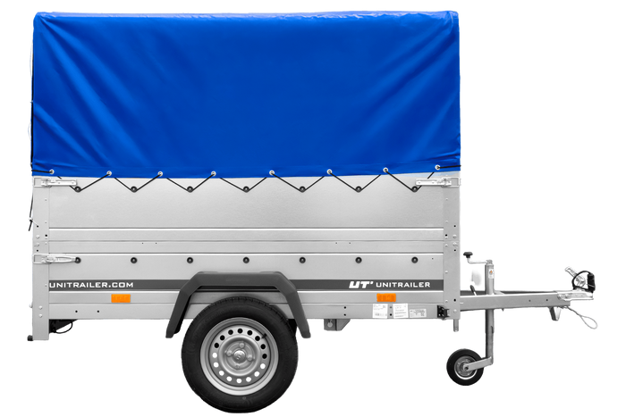 Rimorchio monoasse 200x125 UNITRAILER GARDEN 201 KIPP con sponde BIS, telaio H-800 e telo di copertura blu