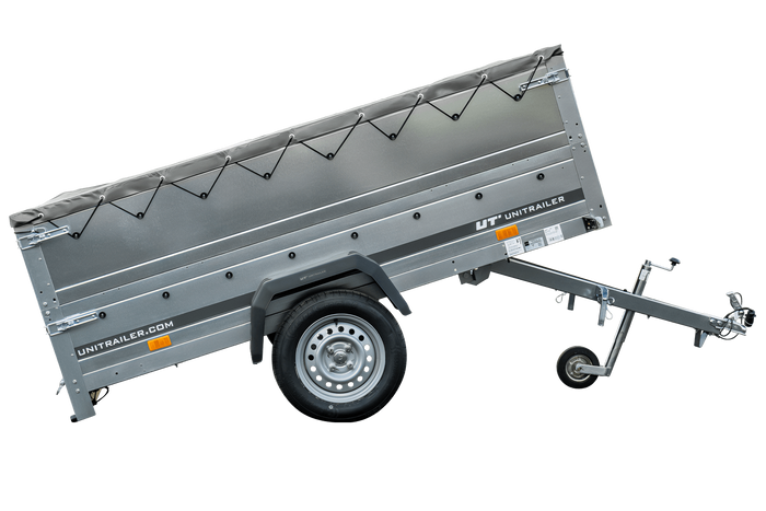 Rimorchio leggero Garden Trailer 230 kipp con ruotino sovrasponde e telone grigio