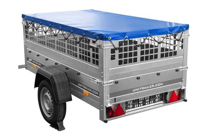 RIMORCHIO DA GIARDINO 200 KIPP CON RUOTA DI APPOGGIO, FIANCHI IN RETE, TELAIO H-0 E COPERTURA BLU