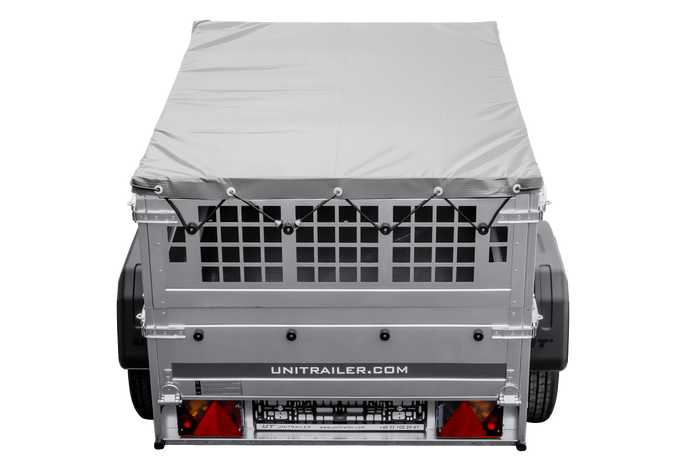 Rimorchio per auto 150x106 UNITRAILER GARDEN 150 KIPP con lati in rete e copertura grigia