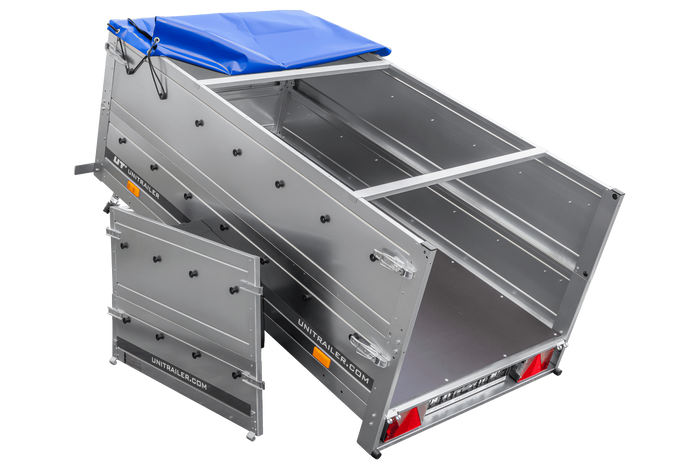 Rimorchio per auto 200x106 UNITRAILER GARDEN 200 KIPP con sponde BIS, telaio H-0 e copertura blu