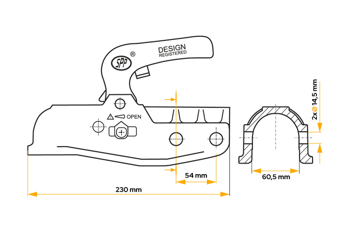Gancio a sfera STEELPRESS BC-3500E-00-02+SD per rimorchio da 3500 kg con barra di traino in ghisa da 60,5 mm