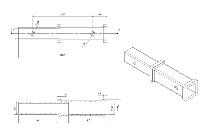 Estensione gancio traino 2" XIMPLIO 205mm 51x51mm