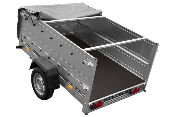 Rimorchio leggero 200x125 UNITRAILER GARDEN 201 KIPP con sponde BIS, telaio H-0 e telone grigio