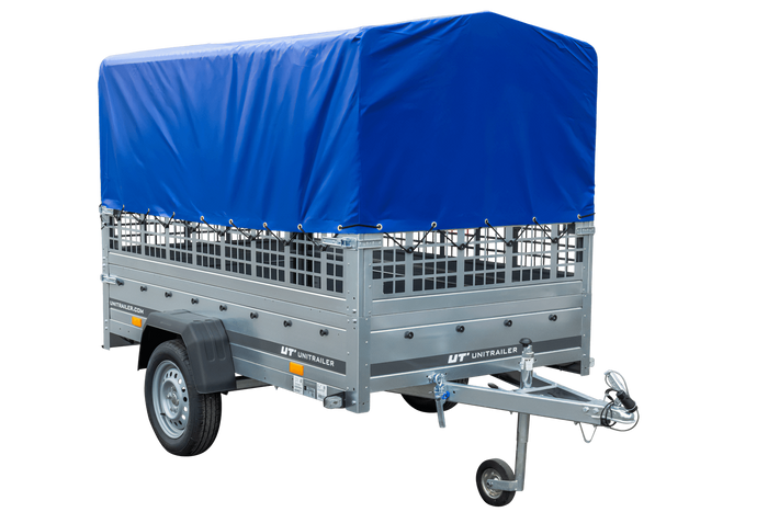 Rimorchio monoasse 230x125 UNITRAILER GARDEN 230 KIPP con sponde in rete, telaio H-800 e telone blu
