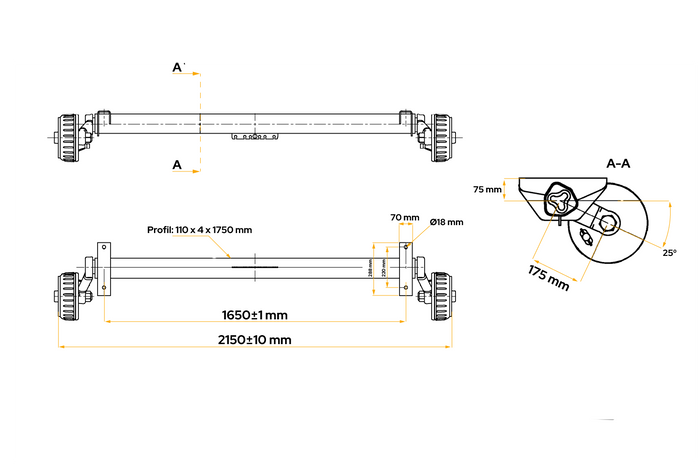 Assale frenato AL-KO EURO per rimorchio/portauto 1800 kg 1650 mm 2150 mm 5x112