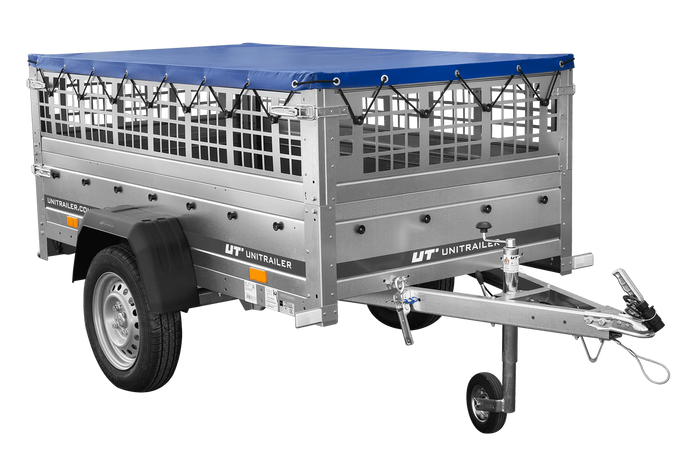 Rimorchio monoasse 200x106 UNITRAILER GARDEN 200 KIPP con sponde in rete e telone blu